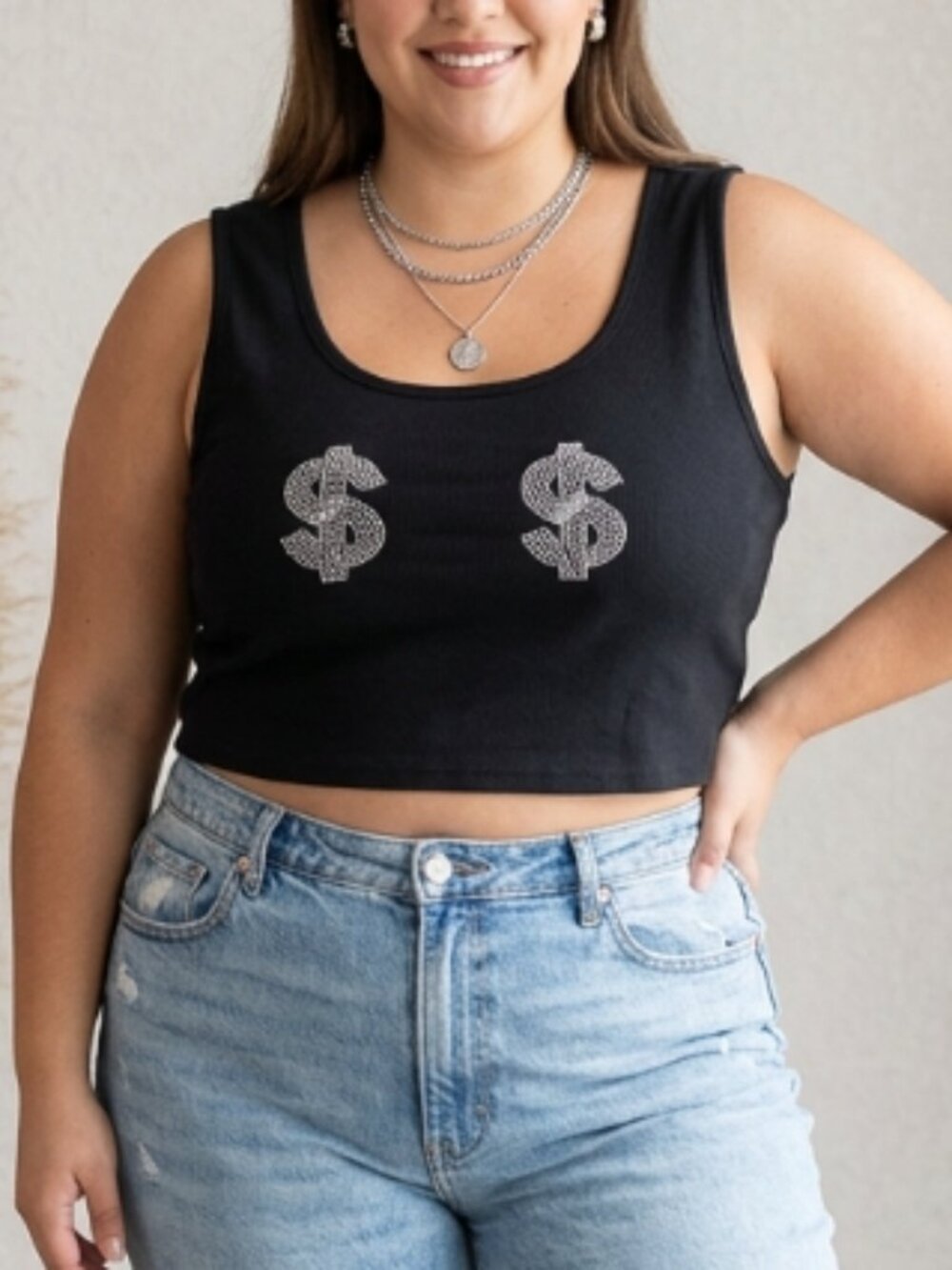 Shein Ribbed Dollar Signs Black Cropped Tank Top Plus 1X Streetwear Y2K Club